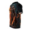 Fantasy warrior woman with sword surrounded by fire and dark forest, all over print sublimation tee.