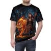 Warrior woman and fiery tiger graphic all over print sublimation tee, fantasy forest design with glowing lights.