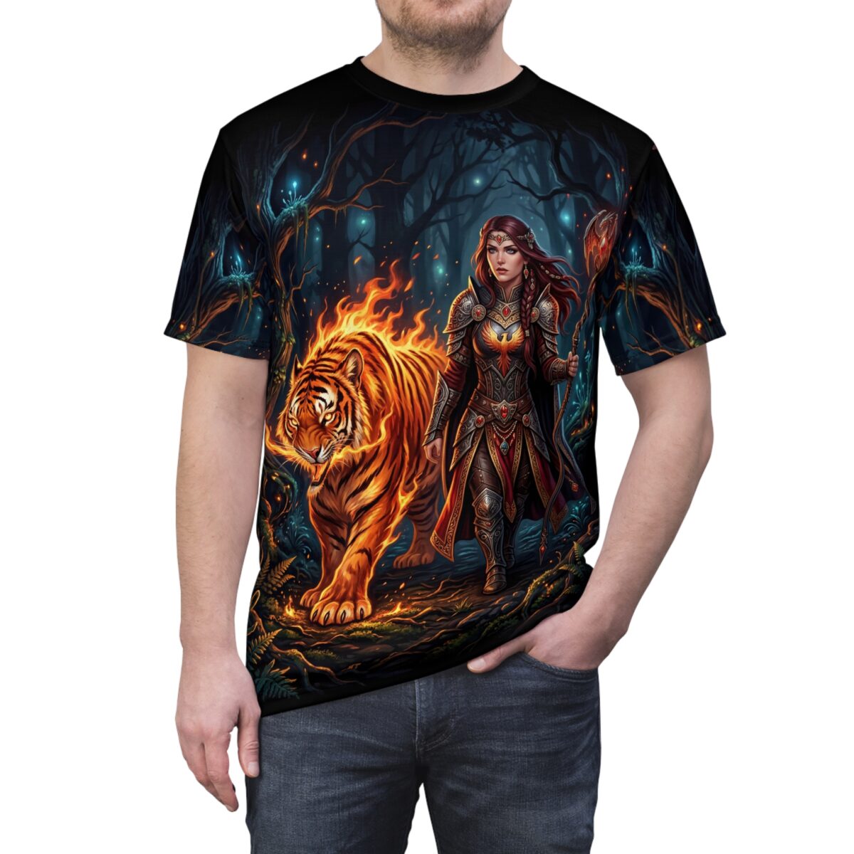 Warrior woman and fiery tiger graphic all over print sublimation tee, fantasy forest design with glowing lights.