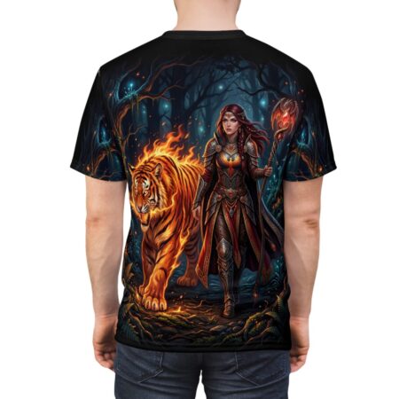 Warrior woman with staff and flaming tiger graphic on all over print sublimation tee, fantasy forest design.