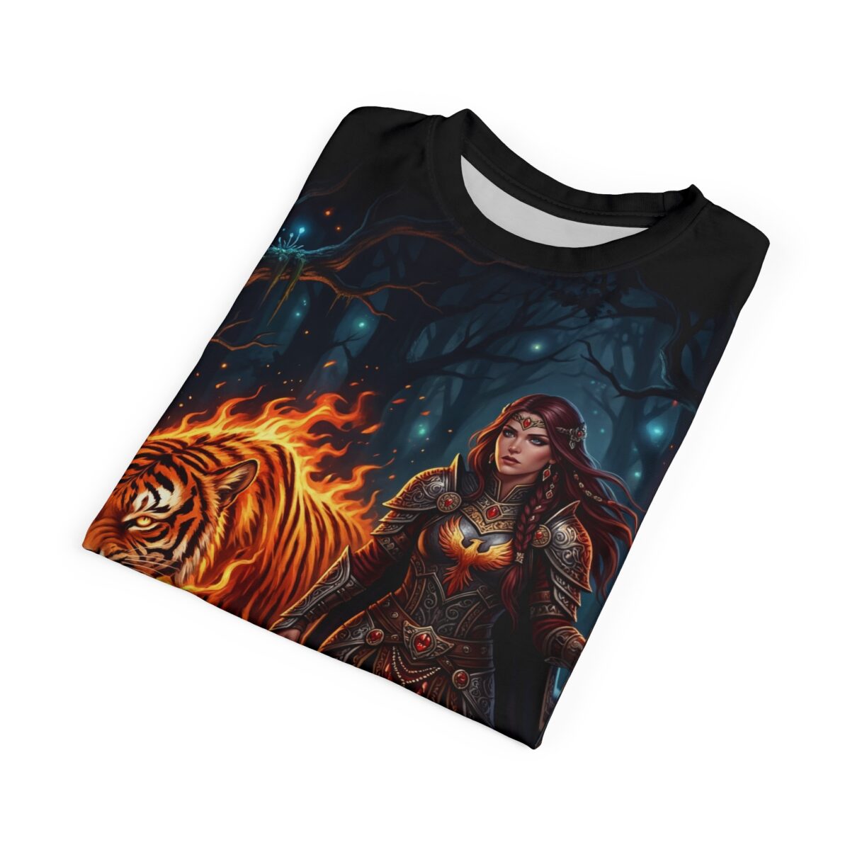 Fantasy warrior woman and flaming tiger graphic all over print sublimation tee, mystical dark forest background.
