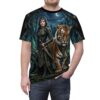Fantasy warrior woman with sword and tiger in enchanted forest, all over print sublimation tee with wrap around graphic.