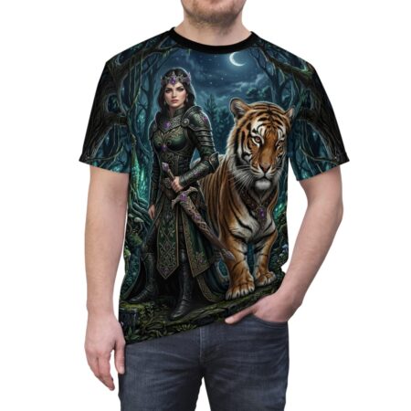 Fantasy warrior woman with sword and tiger in enchanted forest, all over print sublimation tee with wrap around graphic.