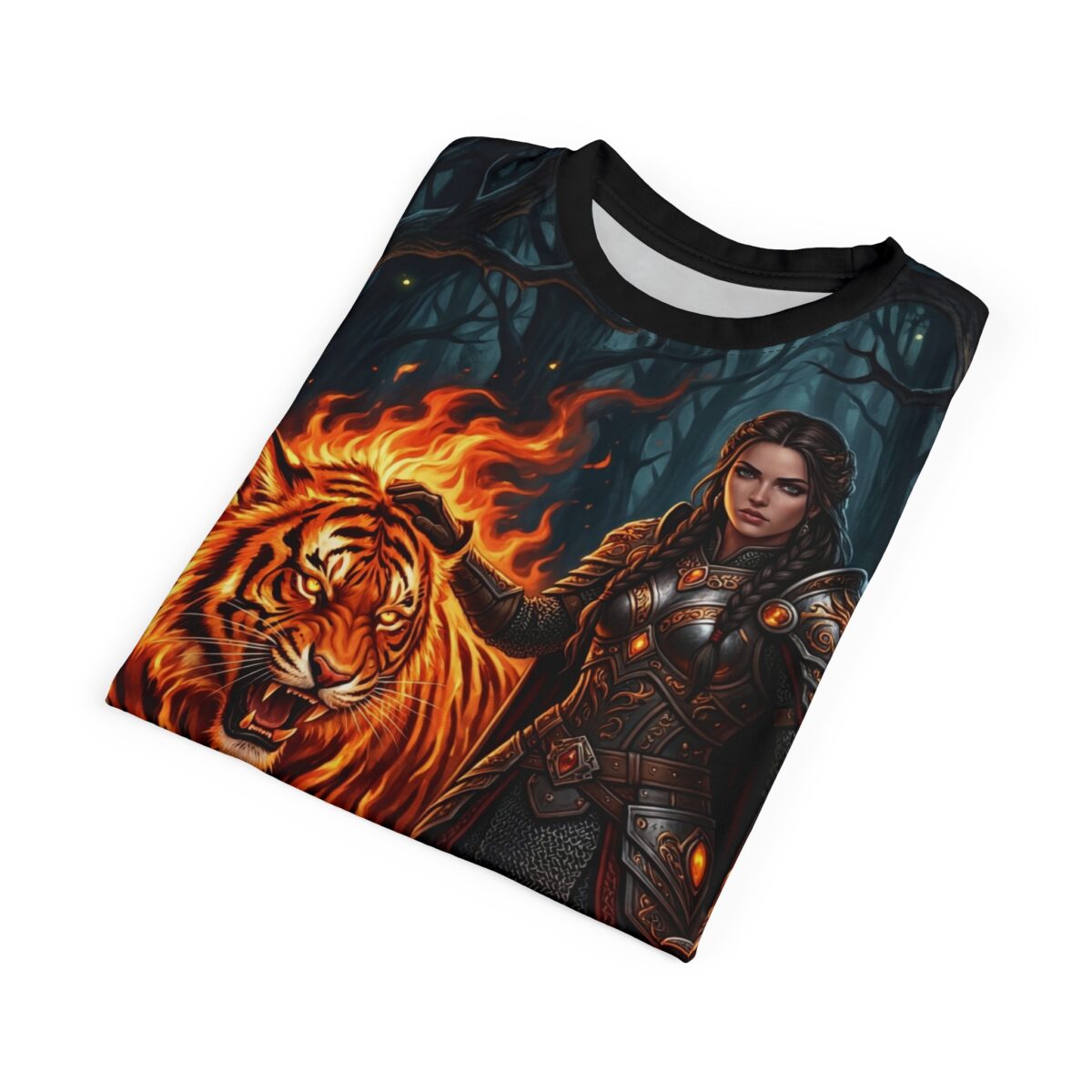 Warrior woman and flaming tiger graphic sublimation tee featuring a dark forest background with fire elements.