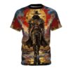 Cowboy figure, western landscape, sun motif, polygonal design, dual revolvers, all over print, sublimation tee, wrap around graphic.