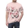 White butterflies and pink cherry blossoms wrap around sublimation tee with a pink watercolor splash background.
