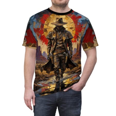 Geometric cowboy, dual pistols, desert landscape, sunburst background, abstract art, sublimation tee.