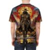 All over print sublimation tee, vintage pattern, wrap around graphic, cowboy character, desert landscape, sun graphic.