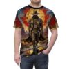 Geometric cowboy, dual pistols, desert landscape, sunburst background, abstract art, sublimation tee.