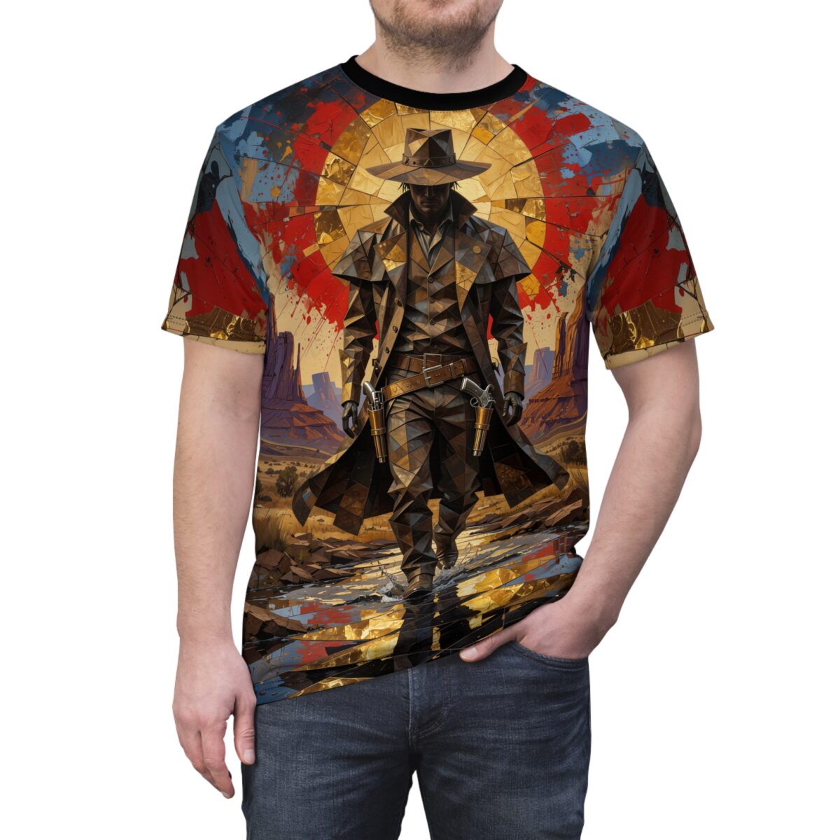 Geometric cowboy, dual pistols, desert landscape, sunburst background, abstract art, sublimation tee.