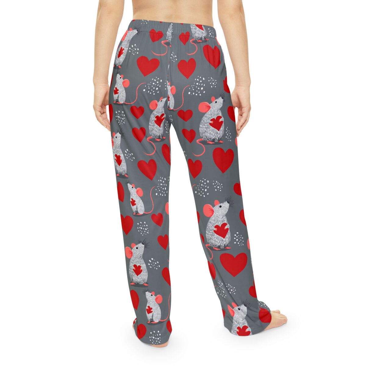 Valentine Mouse Heart Print Women's Pajama Pants: Gray Lounge Sleepwear - Image 4