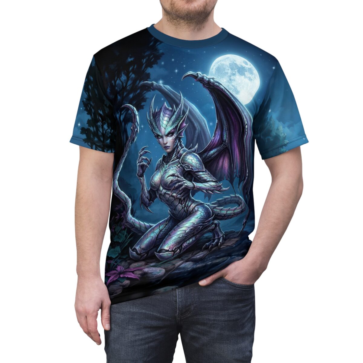 Dragoness Moonlight All Over Print Tee - Fantasy Sorceress Gothic Shirt