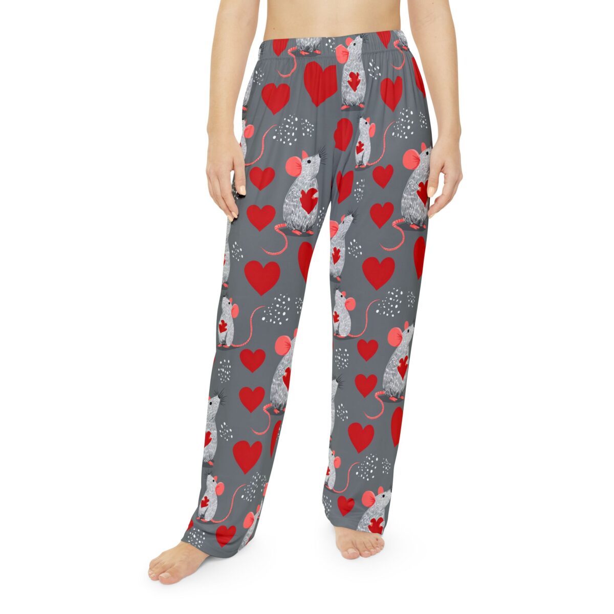 Valentine Mouse Heart Print Women's Pajama Pants: Gray Lounge Sleepwear