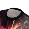 All over print sublimation tee featuring abstract fiery splashes and drips with vibrant red, orange, and teal accents.