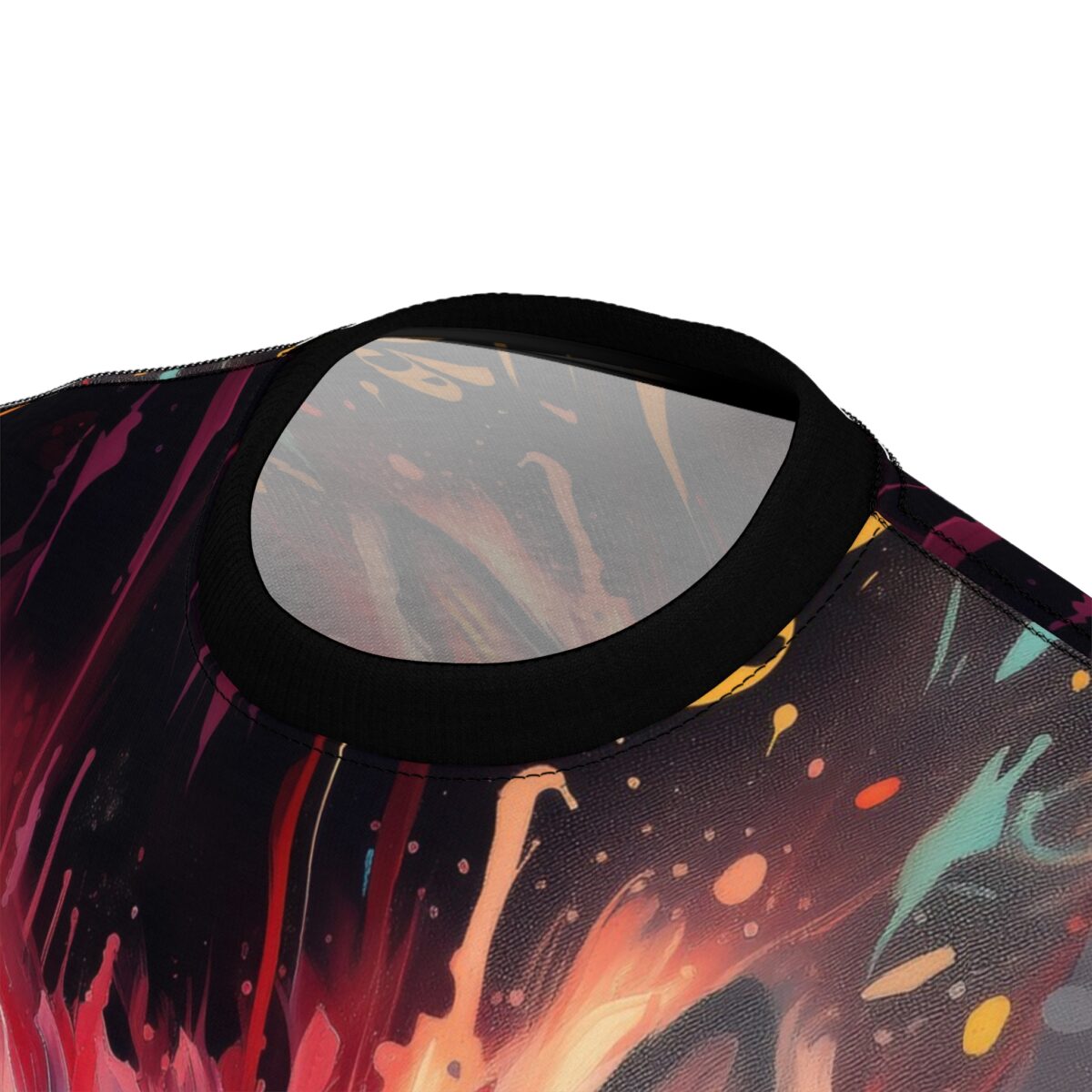 All over print sublimation tee featuring abstract fiery splashes and drips with vibrant red, orange, and teal accents.