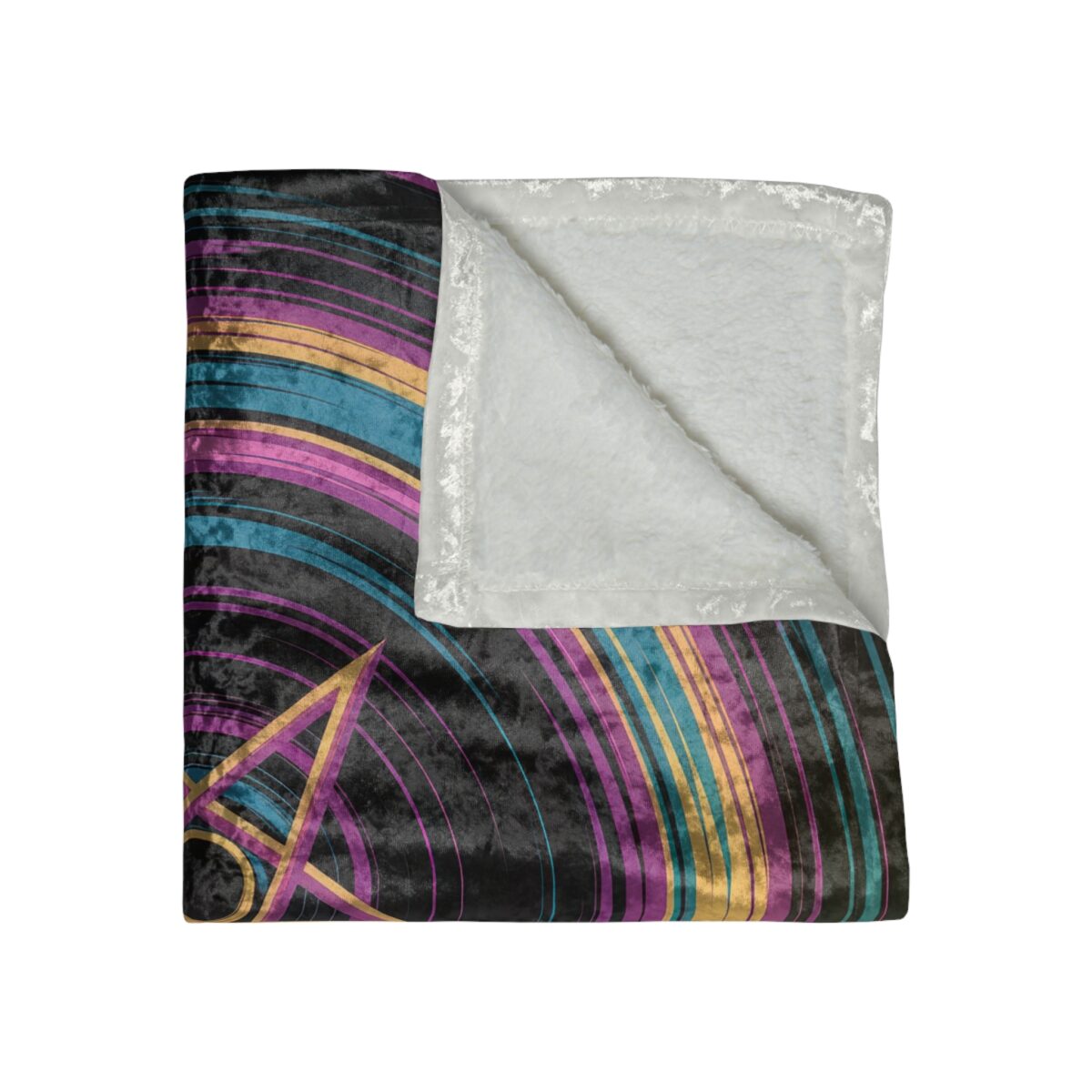Plush throw blanket featuring an abstract geometric design with colorful curved lines and a central triangle symbol. Cozy home decor.