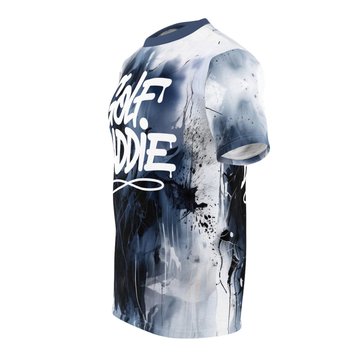 All over print sublimation tee with abstract blue and white splatter graphic and white 'Wolf Baddie' text.