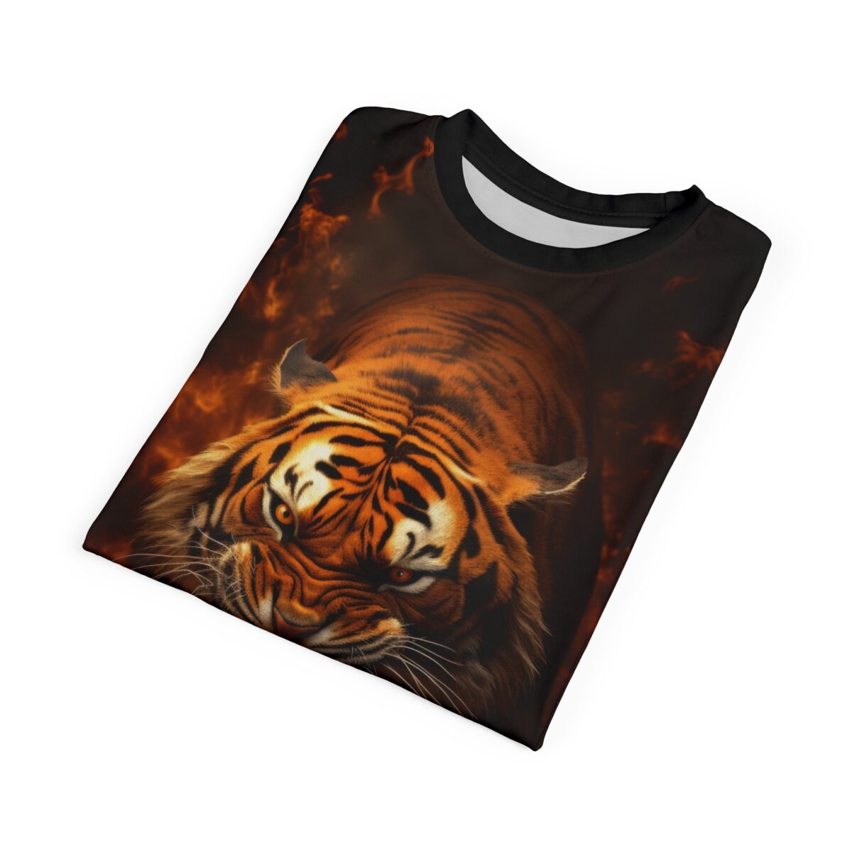Aggressive tiger all over print sublimation tee featuring a fierce feline face and fire graphic. Streetwear aesthetic apparel.