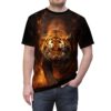 Aggressive tiger roaring with flames all over print sublimation tee featuring a fierce jungle cat graphic.