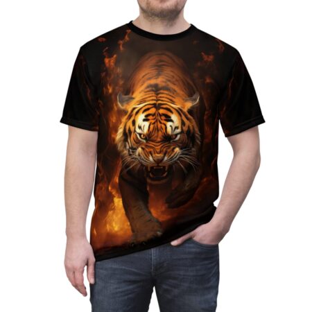 Aggressive tiger roaring with flames all over print sublimation tee featuring a fierce jungle cat graphic.