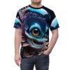 All over print sublimation tee featuring a detailed, 3D rendered aquatic monster skull with large, rainbow-colored eyes and sharp teeth, surrounded by coral and bubbles.