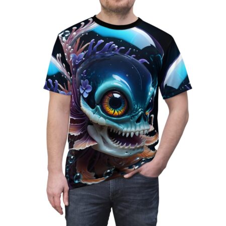 All over print sublimation tee featuring a detailed, 3D rendered aquatic monster skull with large, rainbow-colored eyes and sharp teeth, surrounded by coral and bubbles.