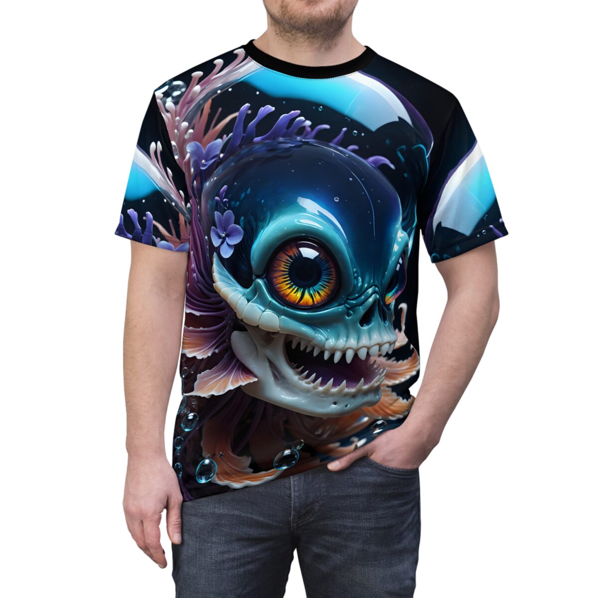 All over print sublimation tee featuring a detailed, 3D rendered aquatic monster skull with large, rainbow-colored eyes and sharp teeth, surrounded by coral and bubbles.