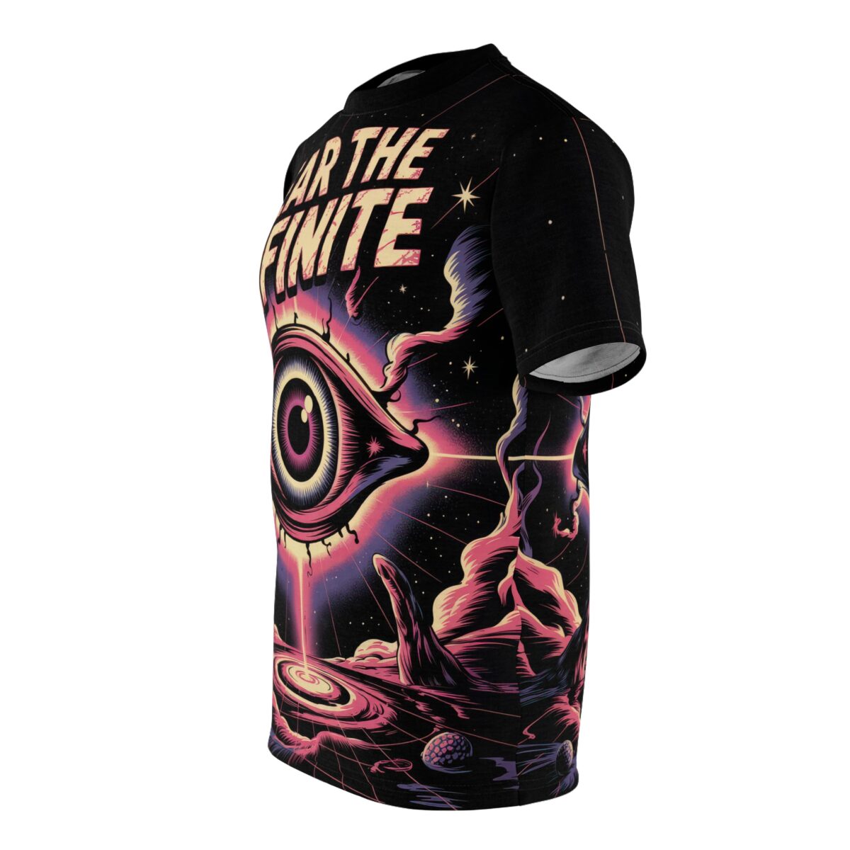 All over print sublimation tee featuring an infinite eye and cosmic landscape with trippy festival aesthetic.