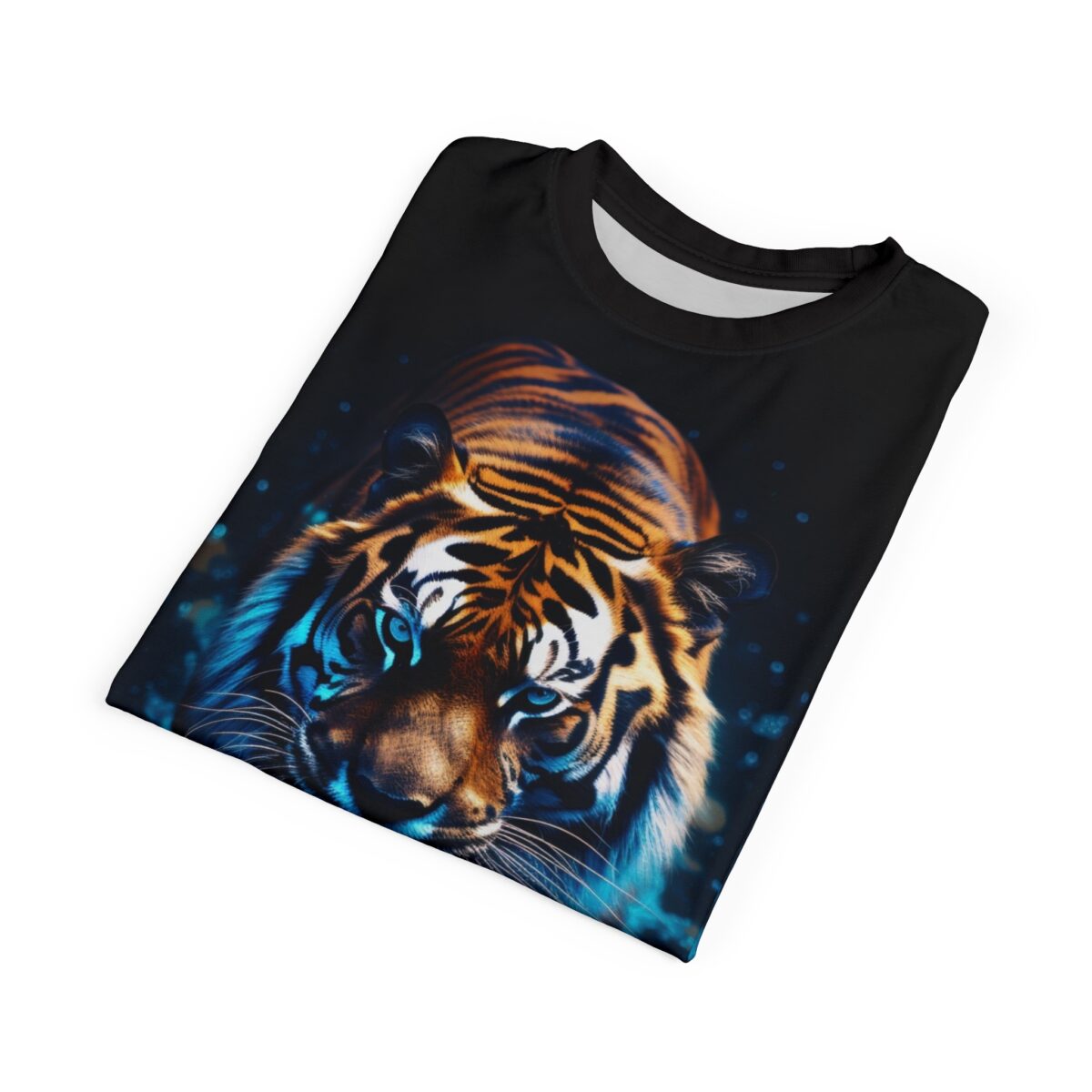All over print tiger sublimation tee featuring intense blue eyes and neon graphic accents on a black background.