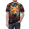 Vibrant all over print sublimation tee featuring a colorful fox portrait surrounded by abstract floral elements and dark background.