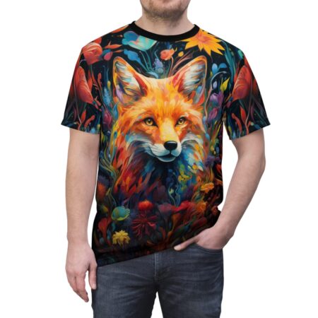 Vibrant all over print sublimation tee featuring a colorful fox portrait surrounded by abstract floral elements and dark background.