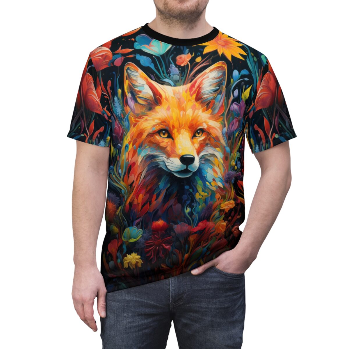 Vibrant all over print sublimation tee featuring a colorful fox portrait surrounded by abstract floral elements and dark background.