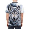 Gray wolf portrait sublimation tee with yellow eyes and open mouth, featuring a dark, abstract background.