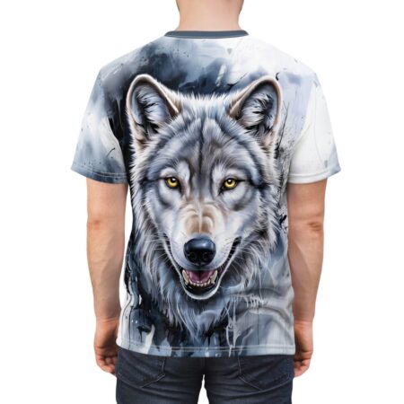 Gray wolf portrait sublimation tee with yellow eyes and open mouth, featuring a dark, abstract background.