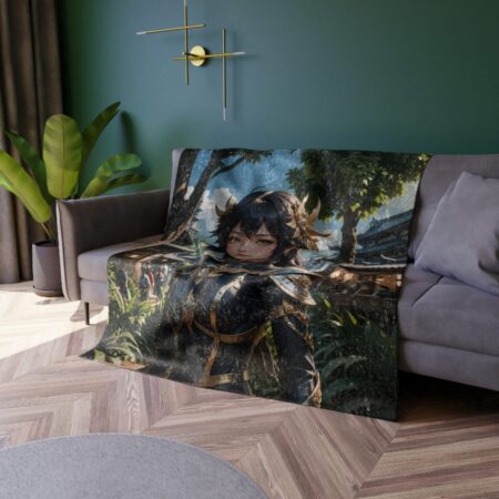 Anime fantasy character all over print fleece blanket featuring detailed armor and nature background.