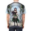 Anime elf warrior in a green dress holding a sword, full wrap around graphic sublimation tee with fantasy ruins.