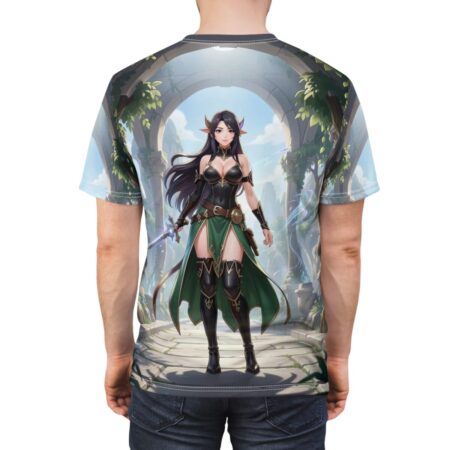 Anime elf warrior in a green dress holding a sword, full wrap around graphic sublimation tee with fantasy ruins.