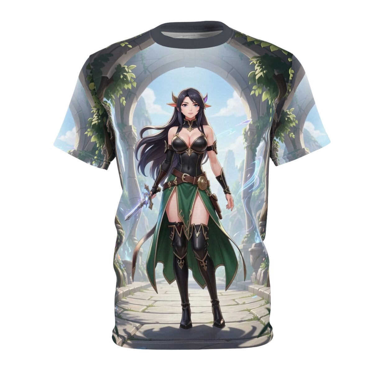 Anime elf warrior in green skirt and black armor with sword, all over print sublimation tee featuring fantasy archway background.