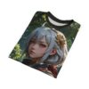 All over print sublimation tee featuring a Japanese anime girl portrait with white hair and a gold hair ornament against a forest background.