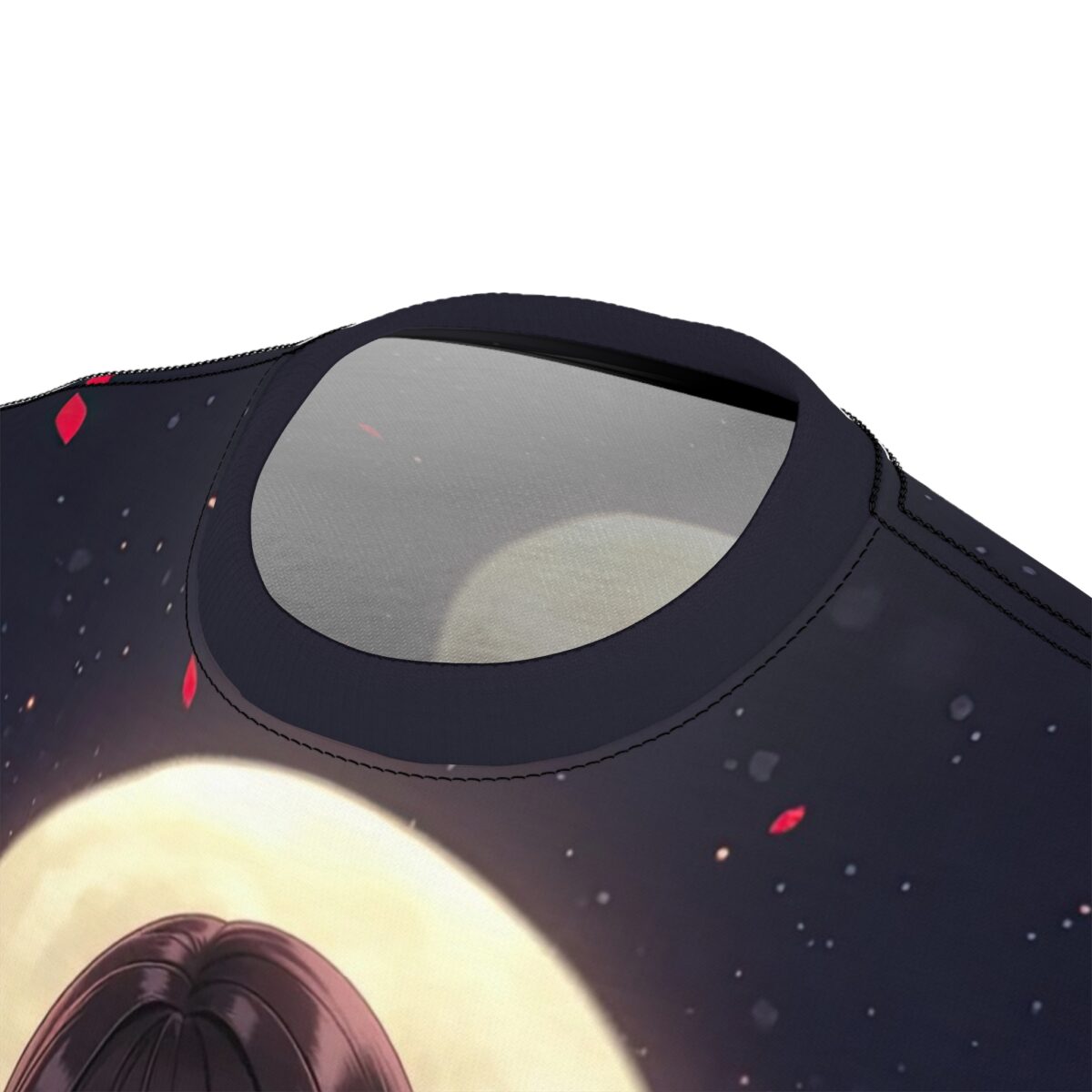 Anime girl with dark hair and large moon background, all over print sublimation tee with red petals and star details.