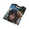 All over print sublimation tee featuring a detailed anime girl portrait with golden hair accessories and a serene landscape background.