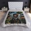 Anime warrior woman in ornate armor, fantasy village background, all over print sublimation fleece blanket.