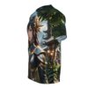 Anime warrior in ornate armor on all over print sublimation tee featuring a serene Japanese village backdrop with lush greenery.
