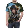 Anime warrior with elaborate gold headpiece and armor, set in a serene garden. All over print sublimation tee.