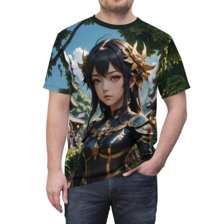 Anime warrior with elaborate gold headpiece and armor, set in a serene garden. All over print sublimation tee.