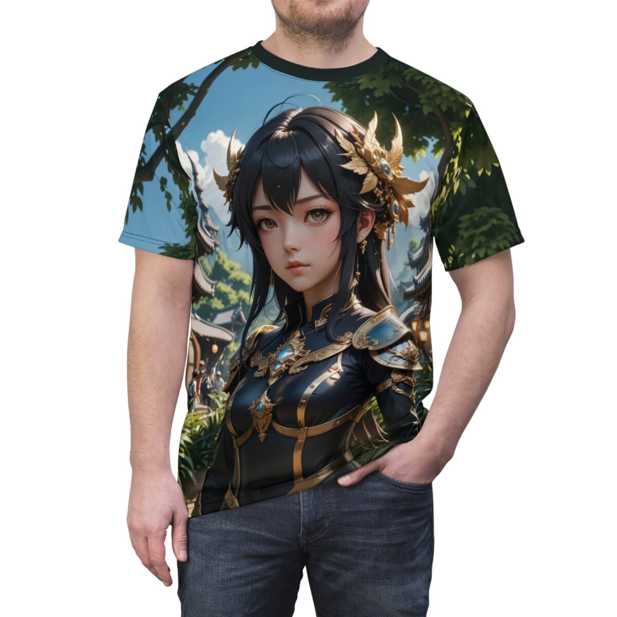Anime warrior with elaborate gold headpiece and armor, set in a serene garden. All over print sublimation tee.