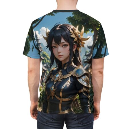 Anime warrior in ornate black and gold armor, set against a backdrop of a traditional Japanese village and lush greenery, all-over print sublimation tee.