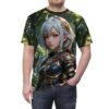 Anime warrior with silver hair in armor, featuring a vibrant forest background all over print sublimation tee.