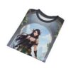 All over print sublimation tee featuring an anime warrior woman with sword and elven ears against a scenic backdrop with stone archway.