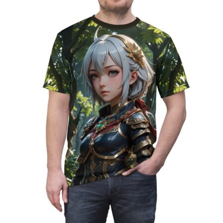 Anime warrior with silver hair in armor, featuring a vibrant forest background all over print sublimation tee.